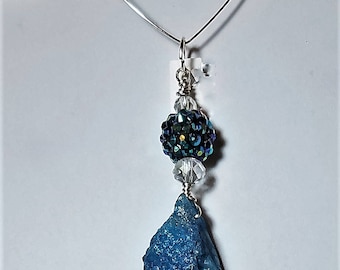 WP04 Blue druzy and crystal pendant for neck wires or chains