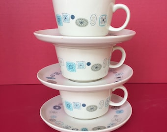 Set of three Franciscan Del Mar coffee cups and saucers