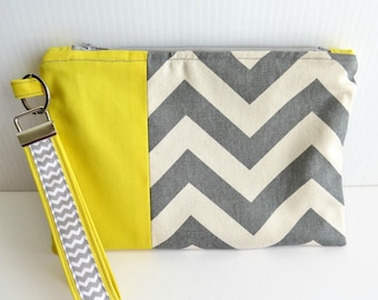 Yellow and Gray Chevron Fabric Clutch/Wristlet