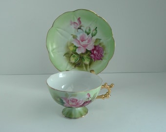 Decorative Cup and Saucer, Green with Pink Flowers, Numbered, Gold Accents, Vintage Floral China, Footed Cup