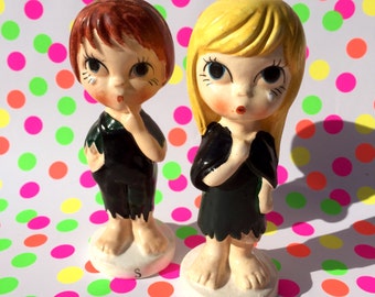 RARE *** "Little Miss No Name"/ Margaret Keane Style Big, Sad Eyed Children (with tear) Salt and Pepper Shaker Set.
