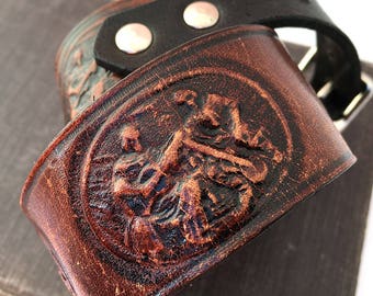Rustic Leather Dog Collar with Tooled Dancing Ladies & Musicians, Size M/L, to fit a 16-20 Neck, Medium Large Dog, Unique, EcoFriendly, OOAK
