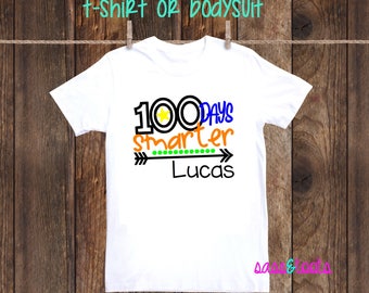 100 Days Smarter 100th day of school celebration T-Shirt Shirt One Piece Bodysuit Personalized Name Custom Girl Pink Hearts Arrow Smarter