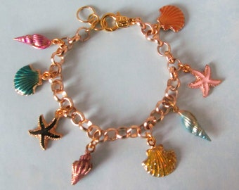 Gold Seashell Bracelet, Colorful Sea Charm Bracelet, Beach Bracelet, Seashore Bracelet, Mermaid Bracelet, Mothers Day Gift Bracelet