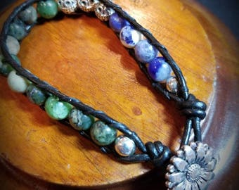 Natural stone bracelet/ Leather bracelet/ Button closure bracelet