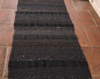 Hand Woven Rug Black Striped Wool Alpaca Runner 24" x 94"