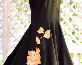 Vintage RARE 1950s 50s Pinup Bombshell Vixen Rhinestone Applique Pink Flower Party Formal Black Halter Dress Gown Full Skirt VLV Rockabilly