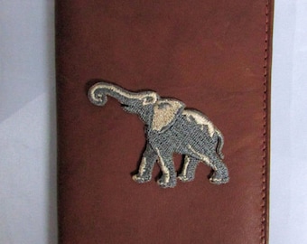 Dark Brown Leather Elephant Embroidery Mini Address Book Case, Small Leather Address Book