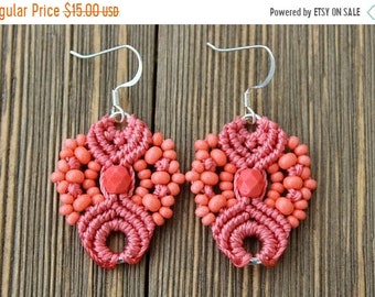 SALE Micro-Macrame Earrings - Coral