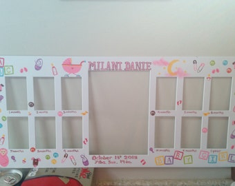 Baby's first year frame. Baby girl/boy theme. Custom baby frame. Baby name and brith date/weight frame. My first year A picture a month