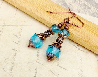 Blue Earrings, Aqua Earrings, Copper Earrings, Czech Glass Beads, Copper Aquamarine Earrings, Copper Blue Earrings, Unique Earrings, Gifts