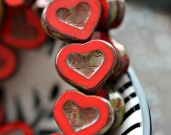 Be Mine - Premium Czech Glass Beads, Opaque Red, Picasso Finish, Love Hearts 14x12mm - Pc 4