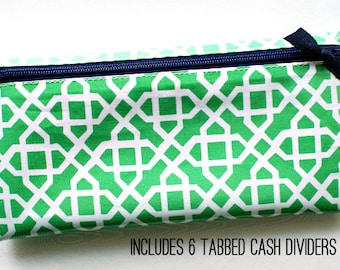 Budget organizer wallet with 6 tabbed dividers | green & white laminated cotton with navy zipper