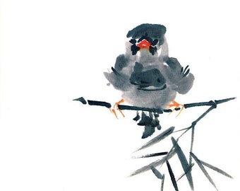 Dragonfly and Sparrow. 2 Sumi-E postcards
