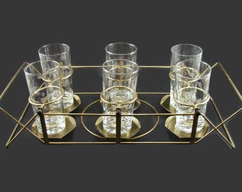 6 Frosted Dot Glasses in Carrier, Clear Glass Thumbprint Tumblers in Convertible Swing Holder, Metal Server