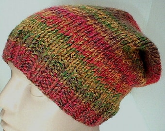 Slouchy hat, green gold orange brown tweed, striped hat, knit hat, toque, winter hat, mens womens hat, chemo cap, ski snowboard, skateboard