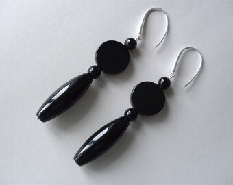 Black agate earrings, black stone earrings, 925 silver earrings, classic earrings, long earrings, statement earrings, geometric earrings