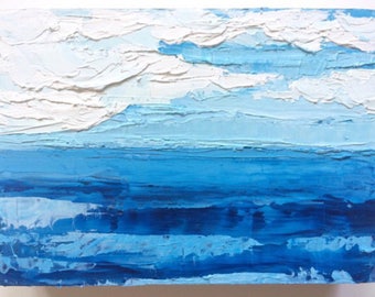 Abstract oil painting, seascape, blue ocean painting, beach painting, blue ocean waters, cloudy sky, horizon