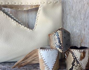 Leather Clutch Bag in Ivory - Handmade - Laced - Simple - Unlined - Handbag - Rustic - by Stacy Leigh