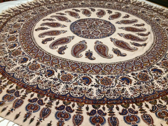Calico fabric with Natural dyes round table-cloth 80" inches with tassels ,middle eastern table top, mandala tablecloth pattern