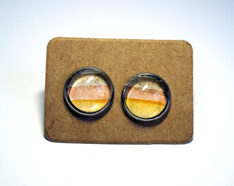 Cute planet watercolour stud earrings, glass cabochon jupiter earrings, minimalist 3-tone jewellery, stripe accessory