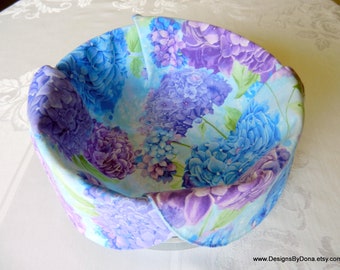 Basket Liner, Bread Cloth, Table Topper, Centerpiece, Hydrangea, Purple, Lavender and Blue on a Light Blue Background, Handmade Table Linens