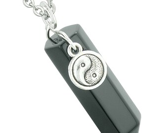 Yin Yang Balance Powers Magic Amulet Crystal Point Pendant Black Agate 18 Inch Necklace