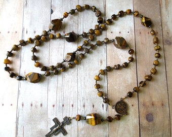 Franciscan Crown Rosary of Brown Tiger Eye with Bronze Saint Francis Center and San Damiano Crucifix