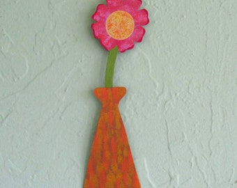 Metal flower sculpture vase home wall decor reclaimed metal wall art pink orange yellow 3 x 9