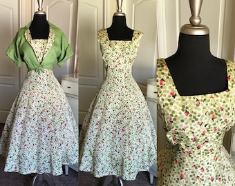 Vintage 1950's Green and Pink Rose Print Dress with Matching Bolero Large