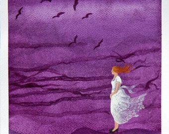 Watercolor painting original girl purple watercolor art illustration wall decor by VApinx