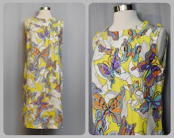Yellow Butterfly Print 60s Shift Dress