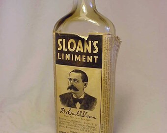 c1940s Sloan's Liniment New York ,St. Louis, Los Angeles , With paper label ,Labeled Medicine Bottle, Drug Store Decor