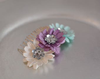 Handmade Paper Flower and Button Hair Comb