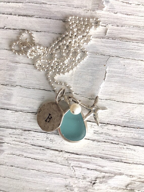 Items similar to Personalized Sea Glass Charm Necklace Initial Necklace