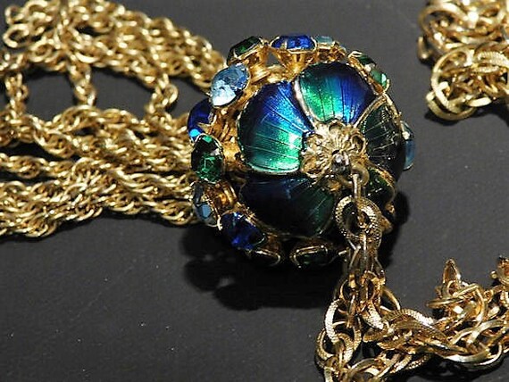 Mid Century Rhinestone Enamel Tassel Necklace
