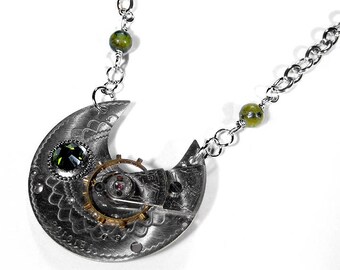 Steampunk Jewelry Necklace Vintage GUILLOCHE Silver Pocket Watch Olive SWAROVSKI Crystal, Olive Jasper Marble Beads STUNNING - by edmdesigns