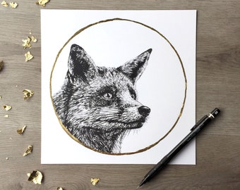 Red Fox & Gold Moon - Print of Original Graphite Drawing with Hand-Embellished Gold Leaf