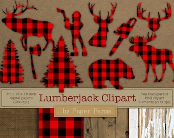 Lumberjack clipart and digital paper, lumberjack plaid clipart, digital paper, scrapbook paper, scrapbook supplies, wood, burlap, plaid