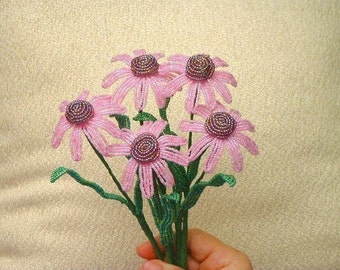 5 Pink Coneflowers .. French Beaded Flowers