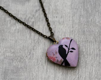 Bird Locket Necklace, Bird Necklace, Woodland, Blue Bird Locket, Heart shaped Locket