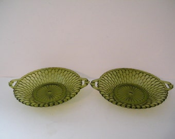 ON SALE 2 Honeycomb Olive Green Candy Dishes, vintage pair 1970s Indiana Glass Co with double handles, Retro 70s holiday snack set