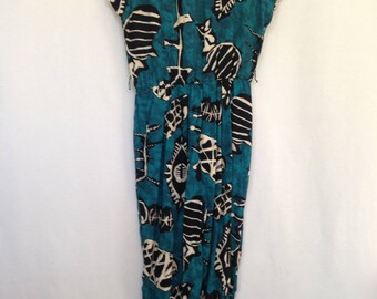 1990s teal/black/cream graphic print jumpsuit by All That Jazz, sz 16 - made in USA
