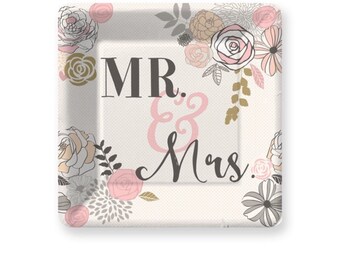 Mr & Mrs Paper Plates, Pkg 8, Wedding Plates, Cake Plate, Wedding cake plates, Bridal Shower, Reception, Cocktail, Engagement Party, Paper