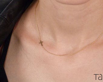 Sideways Cross, Dainty Jewelry, Gold Cross Necklace, Baptism Gift, Tiny Cross Necklace, Minimal Cross Necklace, Mother's Day Gift