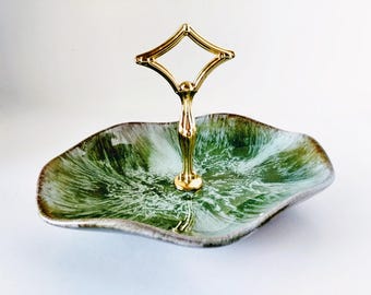 Blue Mountain Pottery Georgian Bay Green Tidbit Dish, Candy Appetizer Bowl Buffet Serving, Unique Drip Glaze, Red Clay, BMP Canadian Pottery