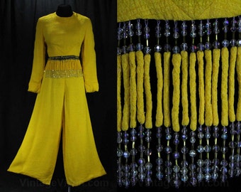 Size 10 Designer Pantsuit - Yellow Silk 2-Piece Pant Suit - 1960s Tina Leser - Bohemian Chic Beaded Bare Midriff - 60s Gypsy Glam - 47645