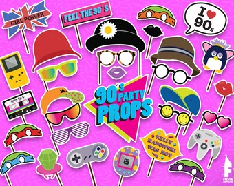 Printable 90s Photo Booth Props - Printable 90s party props- Instant Download 90s theme props - 90s theme party - Retro Props