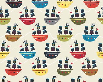 Fat Quarter Treasure Map Pirate Ship Cream Flannel Quilting Fabric - Riley Blake