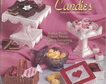 No Calorie Candies Plastic Canvas Pattern Book, Sweet Treats, Chocolates, Cherry Bon Bons, Taffy Basket, Petits Fours, Kitchen Decor